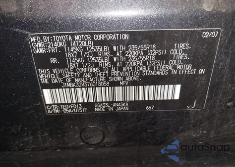 2007 Toyota Rav4 Sport V6 z USA, uszkodzony, nr VIN JTMBK32V376018058